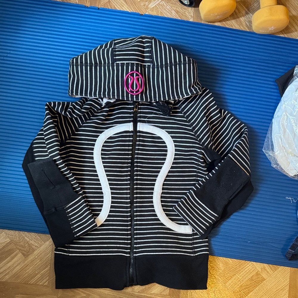 lululemon athletica Black & White Striped Zip Hoodie with Pink Logo